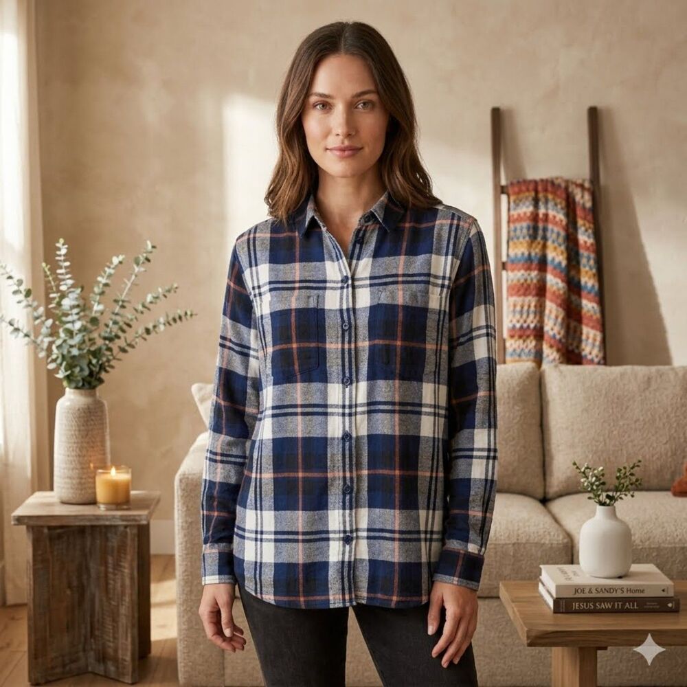 Woolrich Flannel Shirt Womens XL Blue Plaid Cotton Button Up Long Sleeve Outdoor
